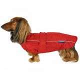 DJANGO Dog Jacket & Raincoat – Lightweight Water-Resistant Coat for Small, Medium & Long Dogs Like Dachshunds – Reflective, Adjustable Fit, Harness-Compatible & Easy-Access Harness Hole - Red, Medium
