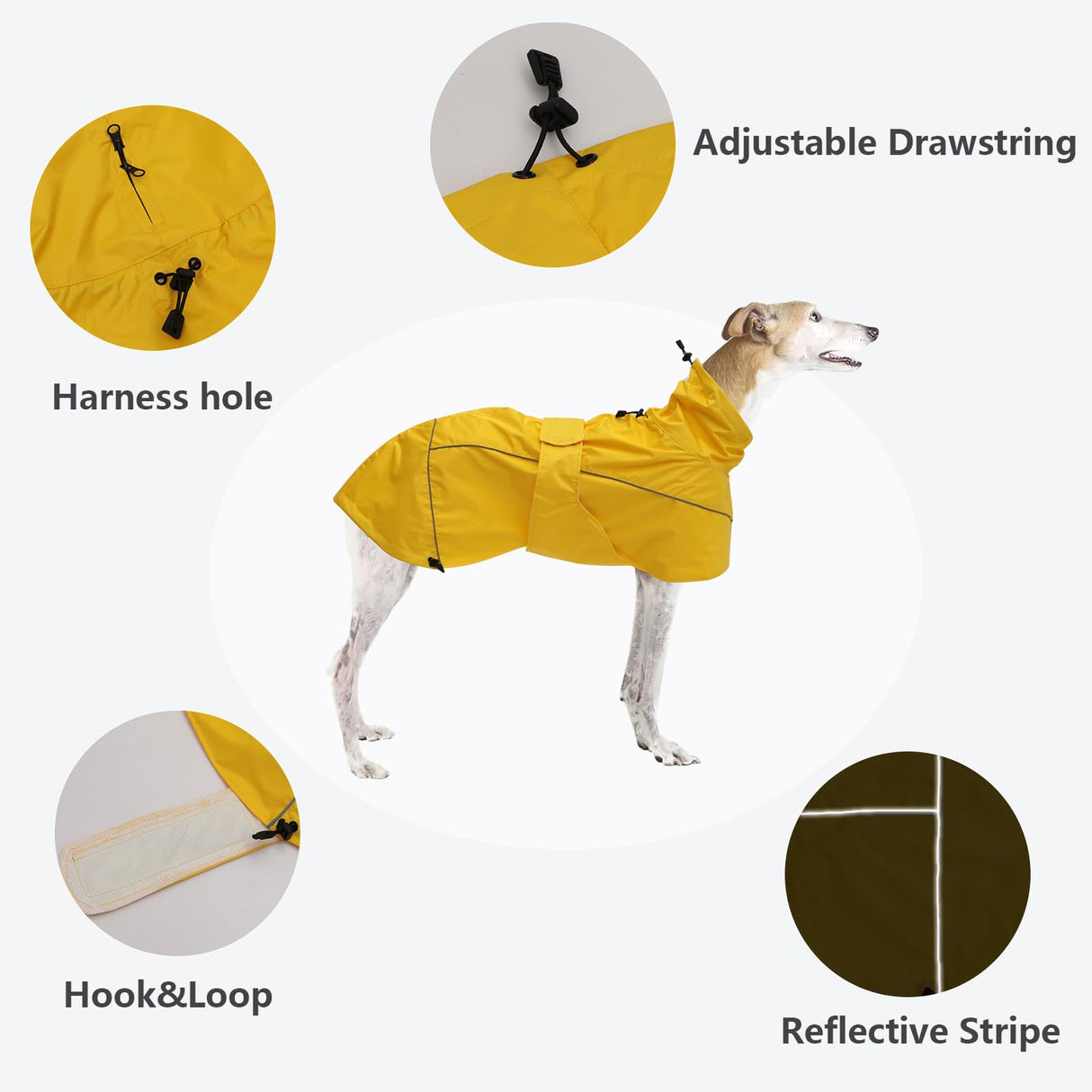 Greyhound Lurcher Raincoat, Whippet Rain Gear with Reflective Bar, Rain/Waterproof, Adjustable Bands and Drawstring in Autumn and Winter - Yellow - XL