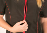 Ladybird Line 825 Fashionable Red Zipper Grooming Smock, Front Piping Accent Detail. Water, Hair, and Bleach Resistant, Solid Back, and Back Tie Belt - Ideal for Pet Groomers and Hair Stylists - L