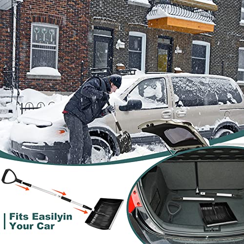 Snow Shovel for Driveway, Ergonomic Snow Shovel with Durable Aluminum Edge Blade,Large Portable Lightweight Emergency Car Snow Shovels for Garden, Camping, Car and Other Outdoor Activities-Black
