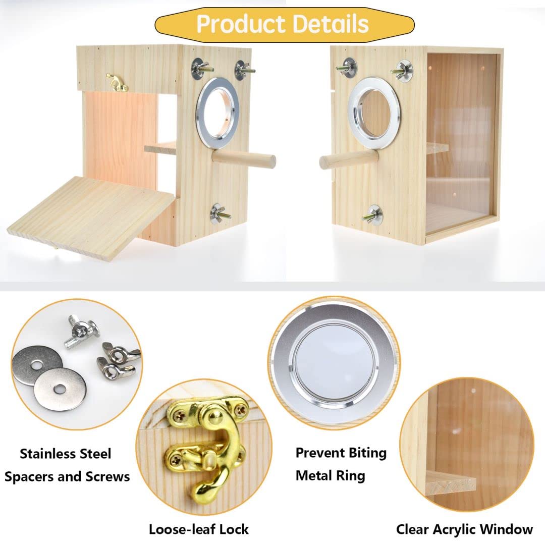 CooShou Bird Nest Box Parakeet Breeding Nest Box Bird Nest House Wooden Acrylic Transparent Breeding Box for Finch Lovebirds Cockatiel Budgie Conure Parrot