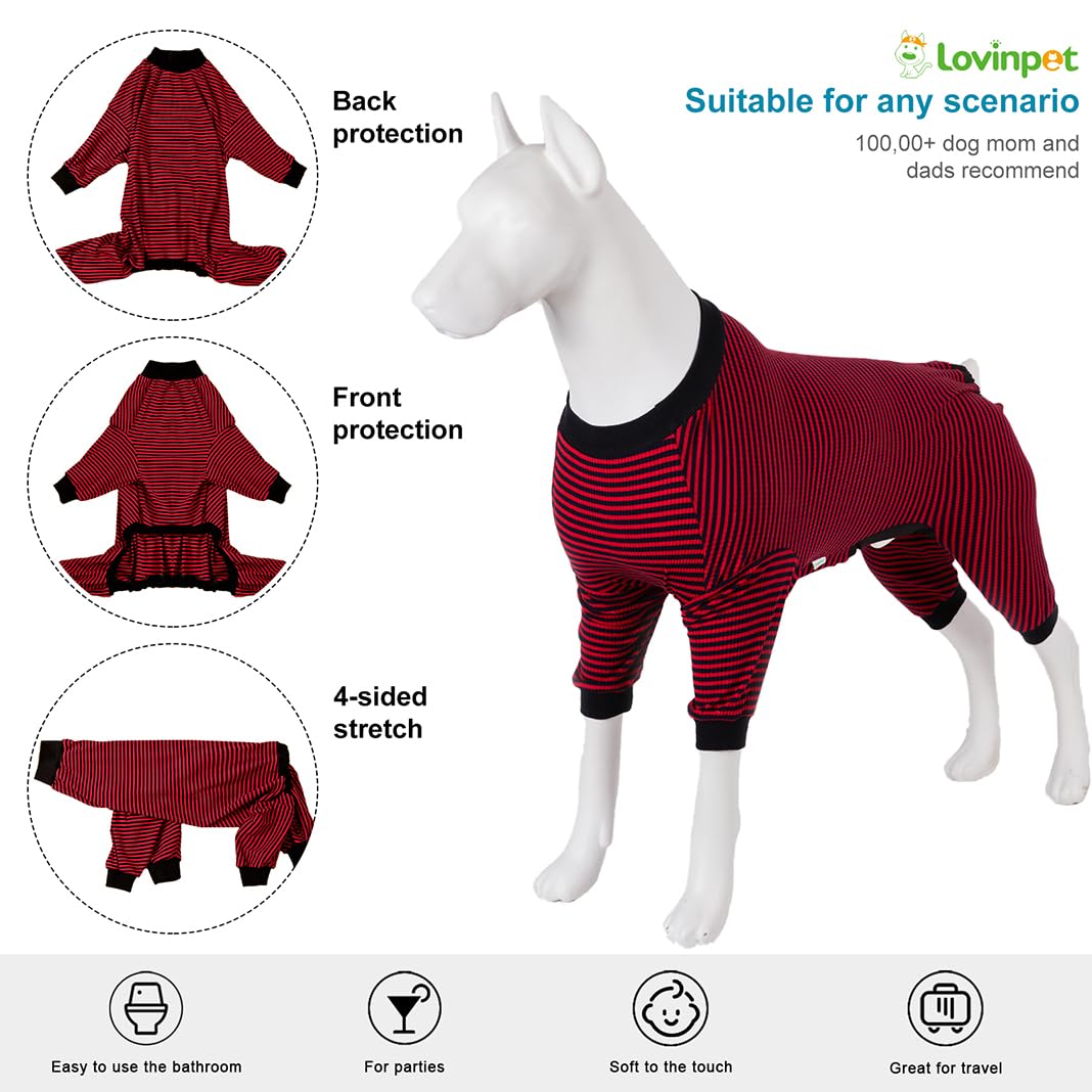 LovinPet Large Dogs PJS Clothes, Pure Cotton Red and Black Stripe Dog Shirt, 4-Legged Design, Full Body Coverage, Pajamas for Pitbulls, Large Breed Dog PJS, Onesies for Dogs,L