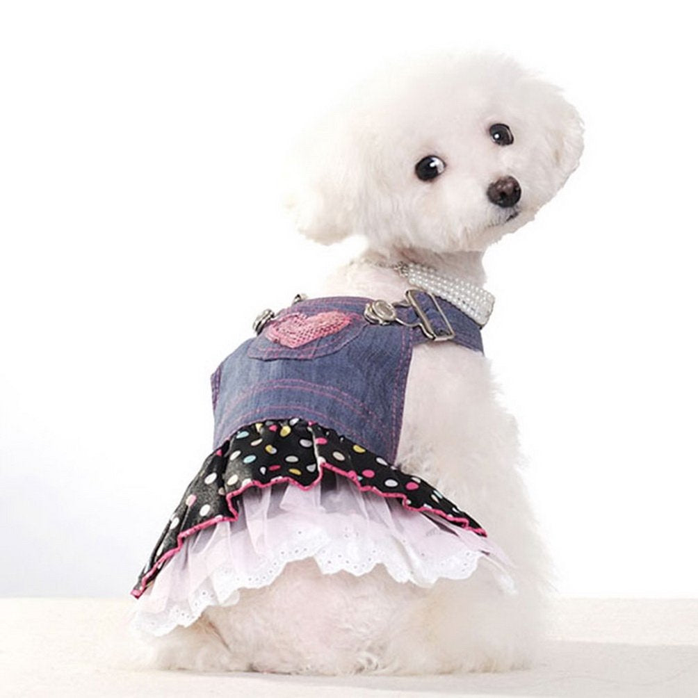 SELMAI Dog Costumes Dress Rompers Denim Jumpsuit for Small Puppies Pet Cats Princess Jean Clothes with Pocket Bib Outfits Pleated Tiered Skirt Polka Dots Heart Sequins for Summer M