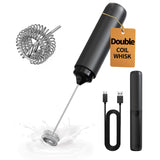 Rechargeable Milk Frother Hanheld, Dual Coil Whisk Head Electric Coffee Frother, Portable Hand Frother Wand Drink Mixer for Matcha Lattes Cappuccino, Kitchen Gifts, Black