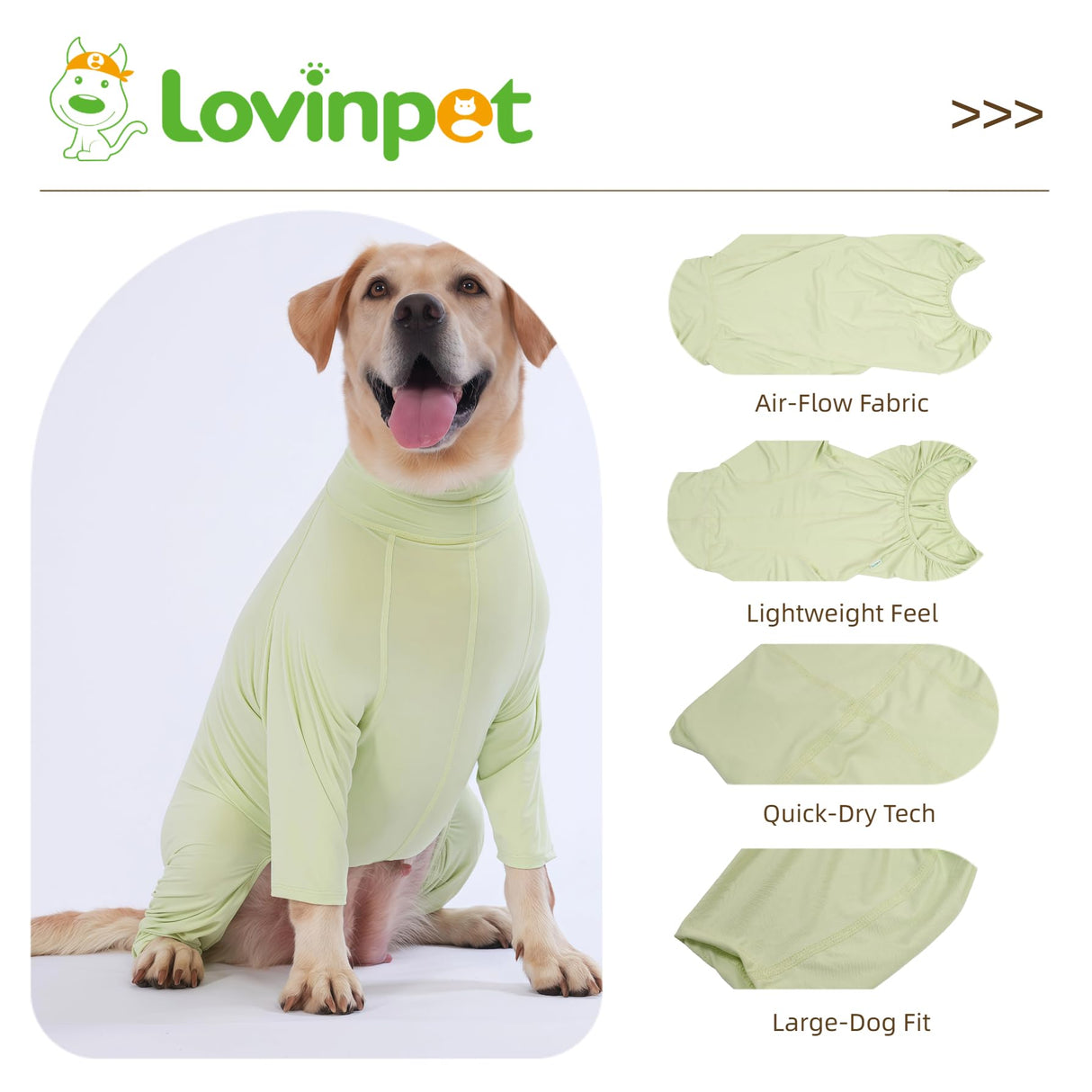 LovinPet UPF 50+ Dog Sun Protection Shirt for Medium and Large Dogs, 4-Way Stretch Nylon, Lightweight Anti-Static Quick-Dry UV Layer, Indoor Shedding Control and Winter Base Layer,Green,L