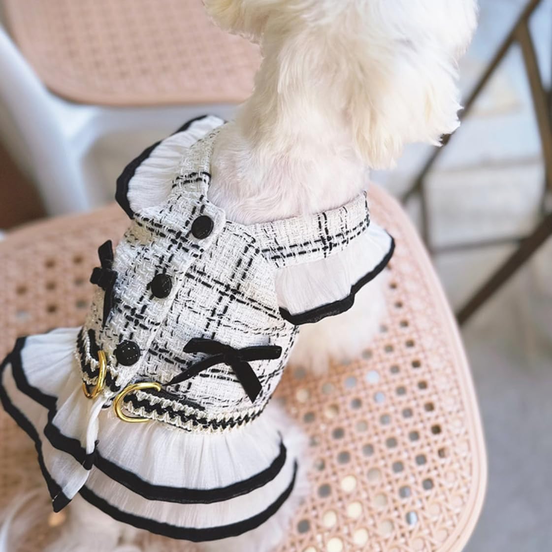 Elegant Dog Plaid Harness with 5FT Leash Set Bowknot Sleeveless Vest Cute Tweed Puppy Dress Outfits Pet Yorkie Birthday Wedding Clothes (Black & White, Small)