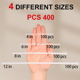 White Zip Ties Assorted Sizes 4+6+8+12 Inch, 400 Pack, Clear Zip Ties, White Cable Ties, Zipties Clear, UV Resistant Wire Ties, Plastic Ties, Tie Wraps Assorted Sizes