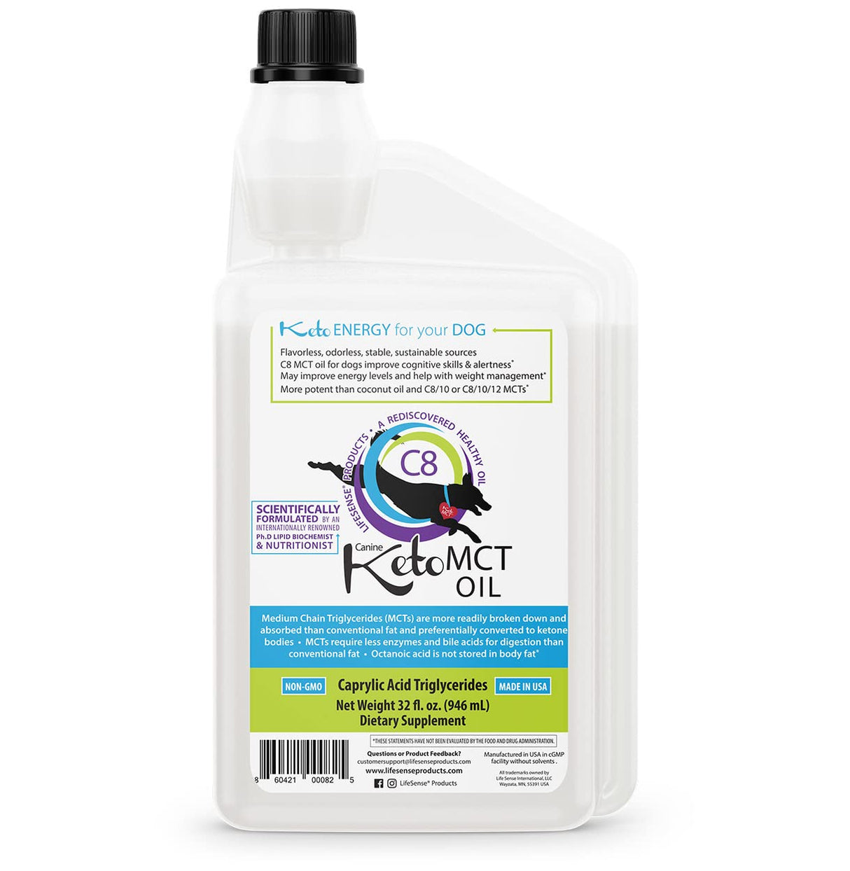 LifeSense C8 MCT Oil for Dogs, Keto-Friendly, Sourced from Coconut Oil, Human Grade, 32 oz, Made in USA by PhD Nutrition, Dog Optimal Fuel for The Brain and Body