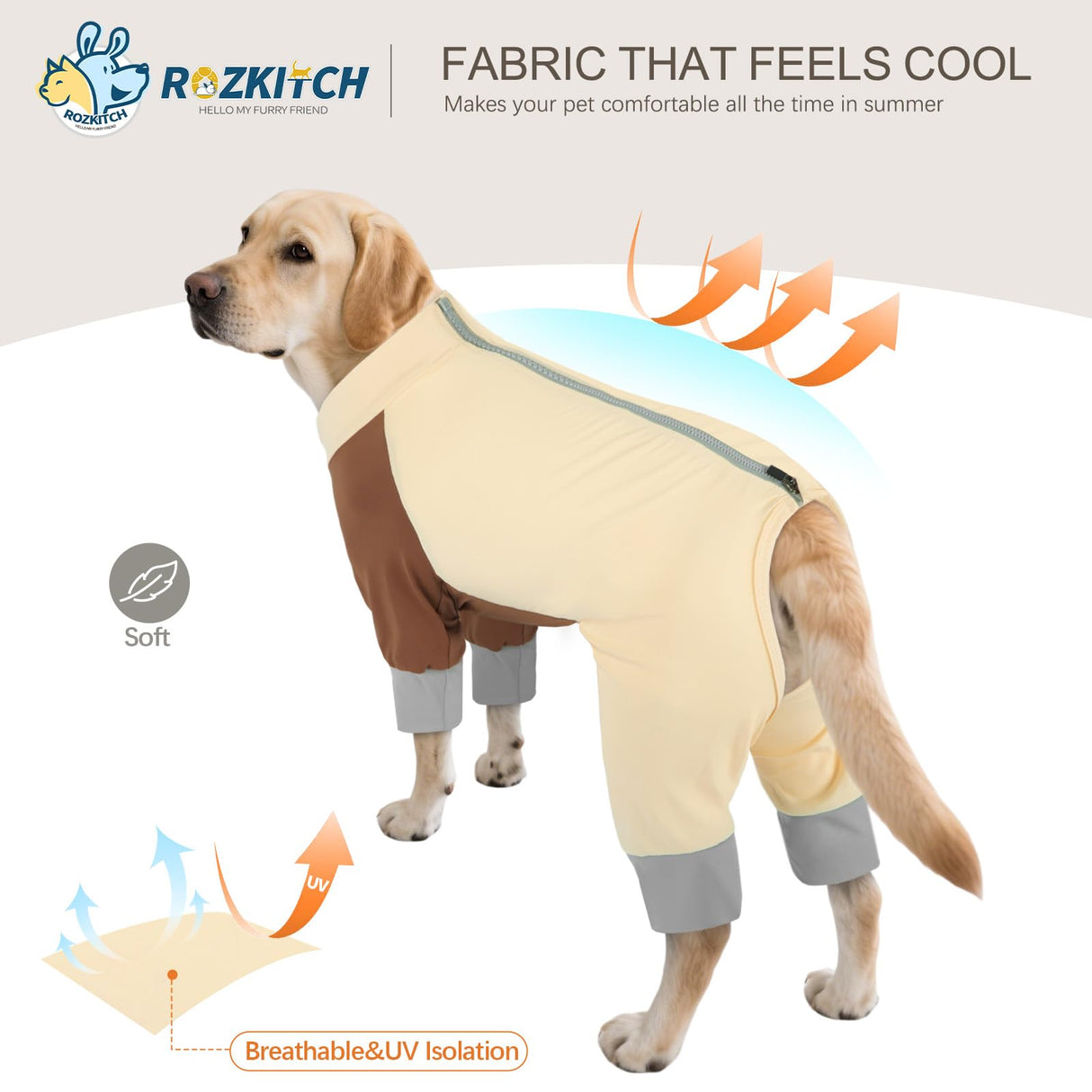 ROZKITCH SPF 50 Dog Shirt Summer Cooling Shirt UV Protection, Lightweight & Comfortable Dog Pajamas for Extra Large Dogs in Hot Weather Four Long Sleeves Recovery Suit YellowBrwon 4XL