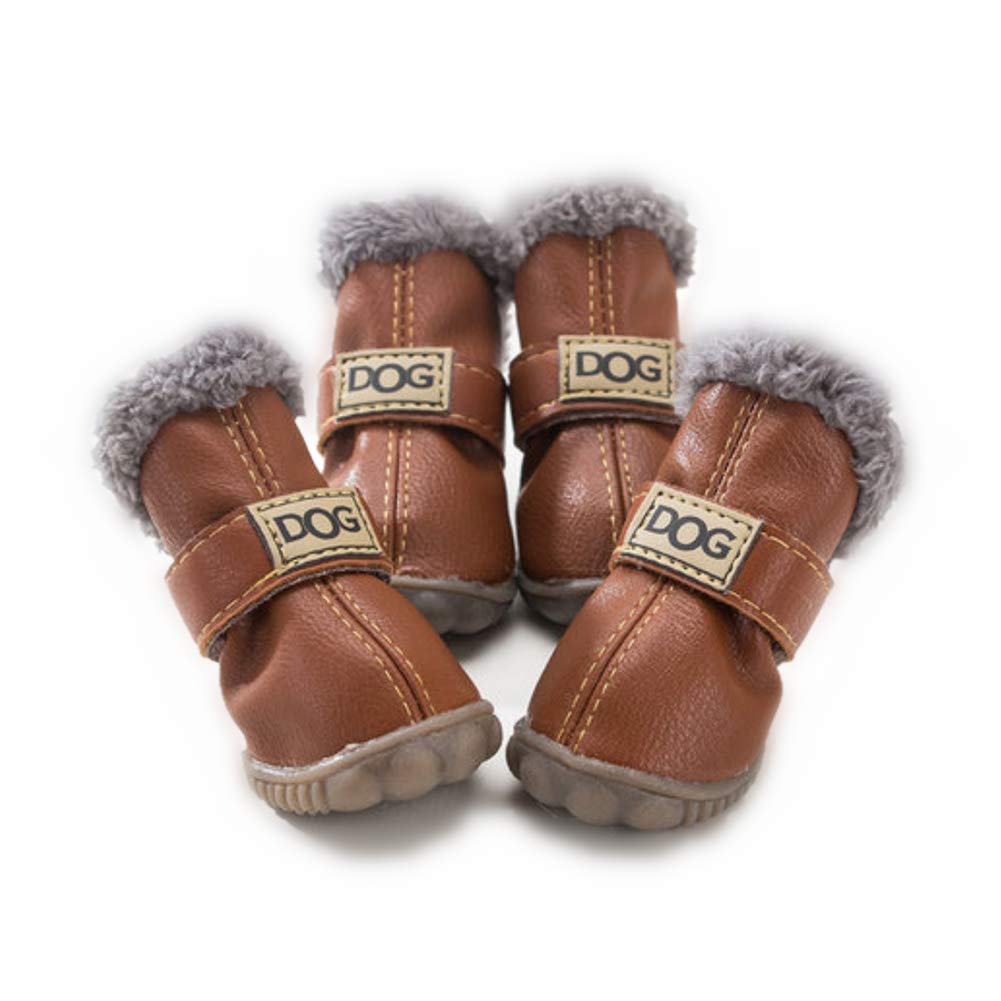 Hdwk&Hped Warm Dog Snow Boots Waterproof PU Small Dog Boots Anti-Slip Pet Shoes Paw Protector for Winter 2 Styles #1-#5 (Solid Style - Brown, #3)