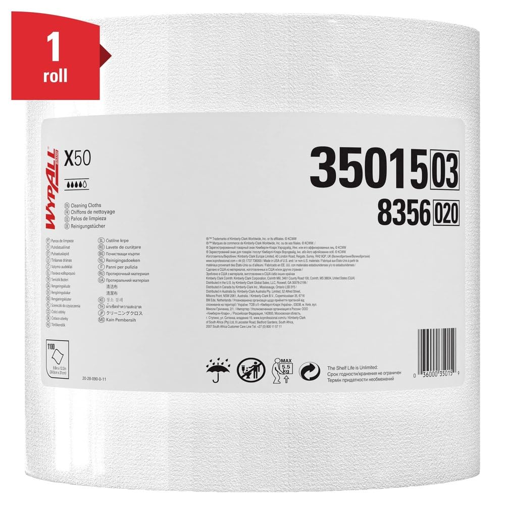 Wypall X50 Disposable Cloths (35015), Strong for Extended Use, Jumbo Roll, White, 1,100 Sheets / Roll
