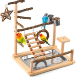 KATUMO Bird Playground - Natural Wooden Perches Parakeet Ladder Conure Swing Bird Cage Accessories with Removable Tray & 2 Stainless Steel Cups