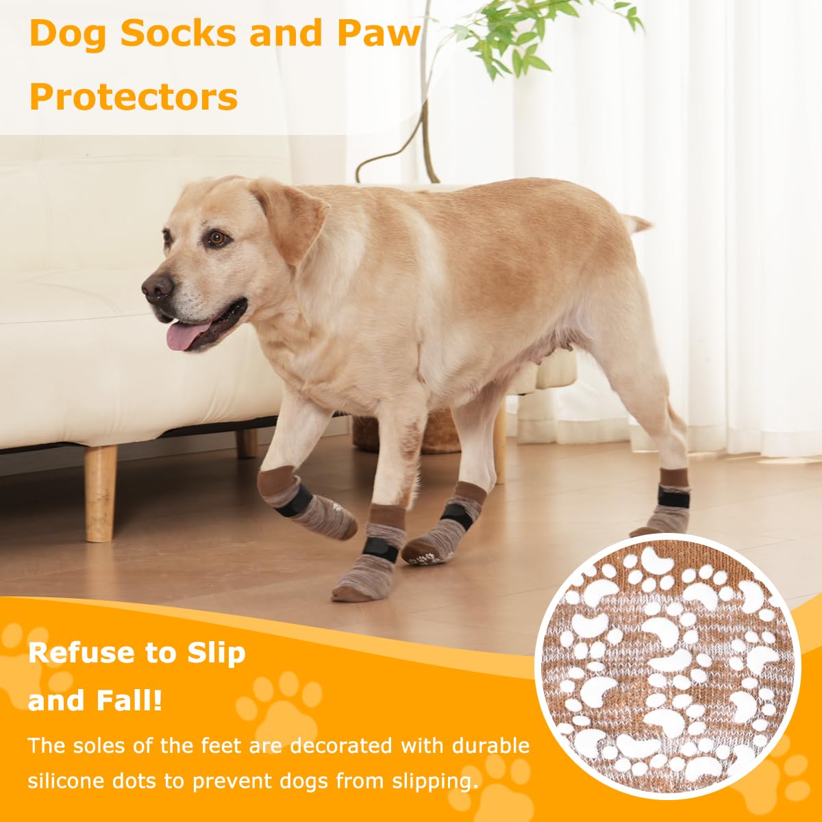 KUPAO Dog Socks 12 Pack to Prevent Licking Paws, Anti Slip Dog Booties and Paw Protectors for Hardwood Floors Hot Pavement, Suitable for Small Medium Large Senior Dogs - Size Large,Brown