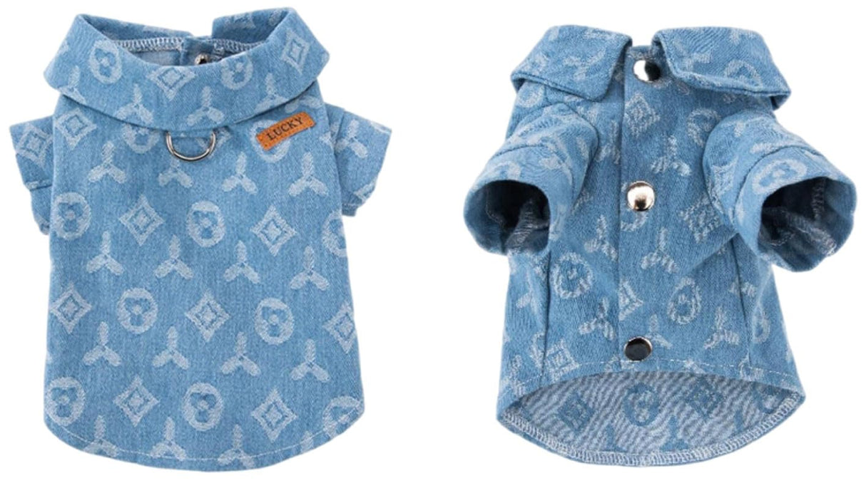 Dog Clothes for Small Dogs - Denim Shirt With Leash Ring, Puppy Sweatshirt, Cat Shirts, Pet Outfits - Light Blue M