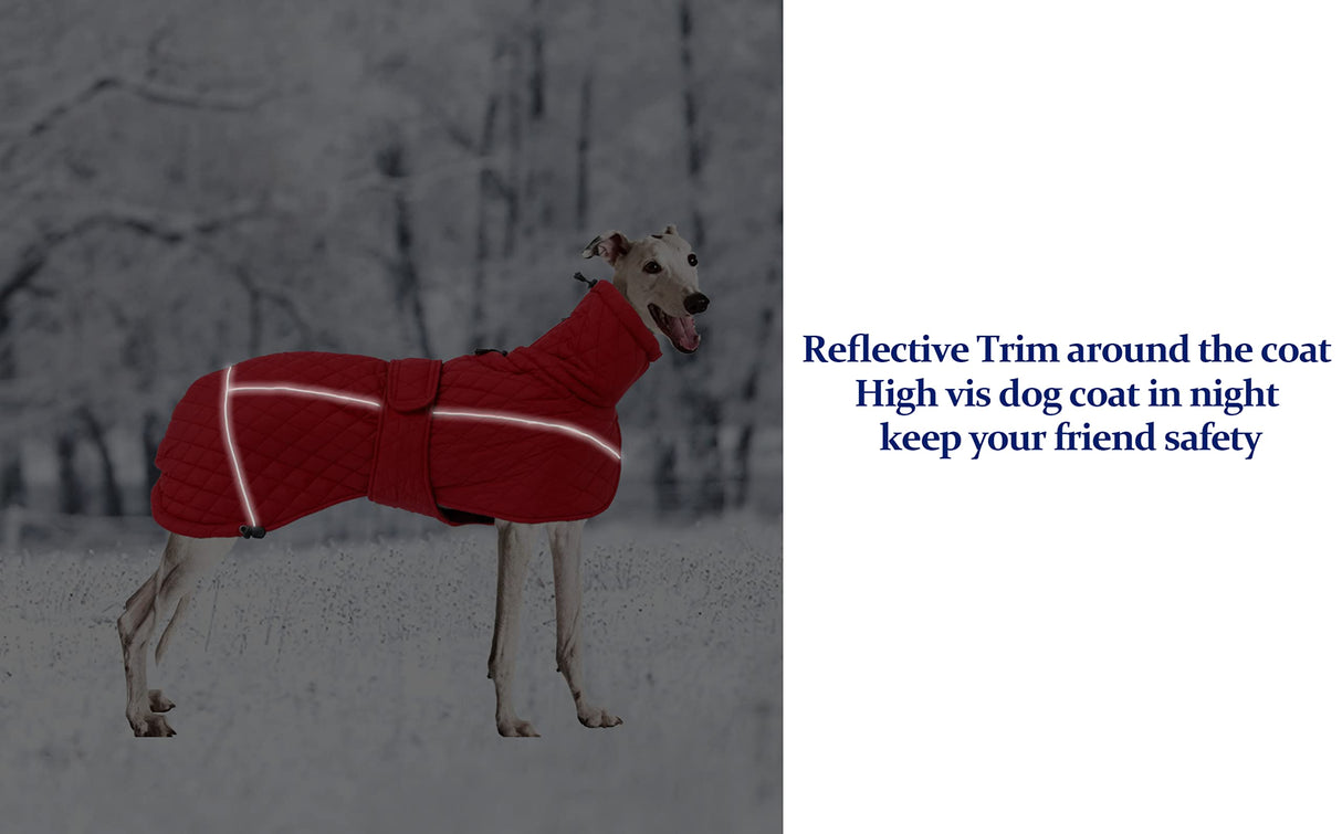 Greyhound Lurcher Winter Coat Whippet Warm Coat with Fleece Water Resistant Dog Jacket with Hook Loop Closure Zipper Harness Hole - Red - XLarge