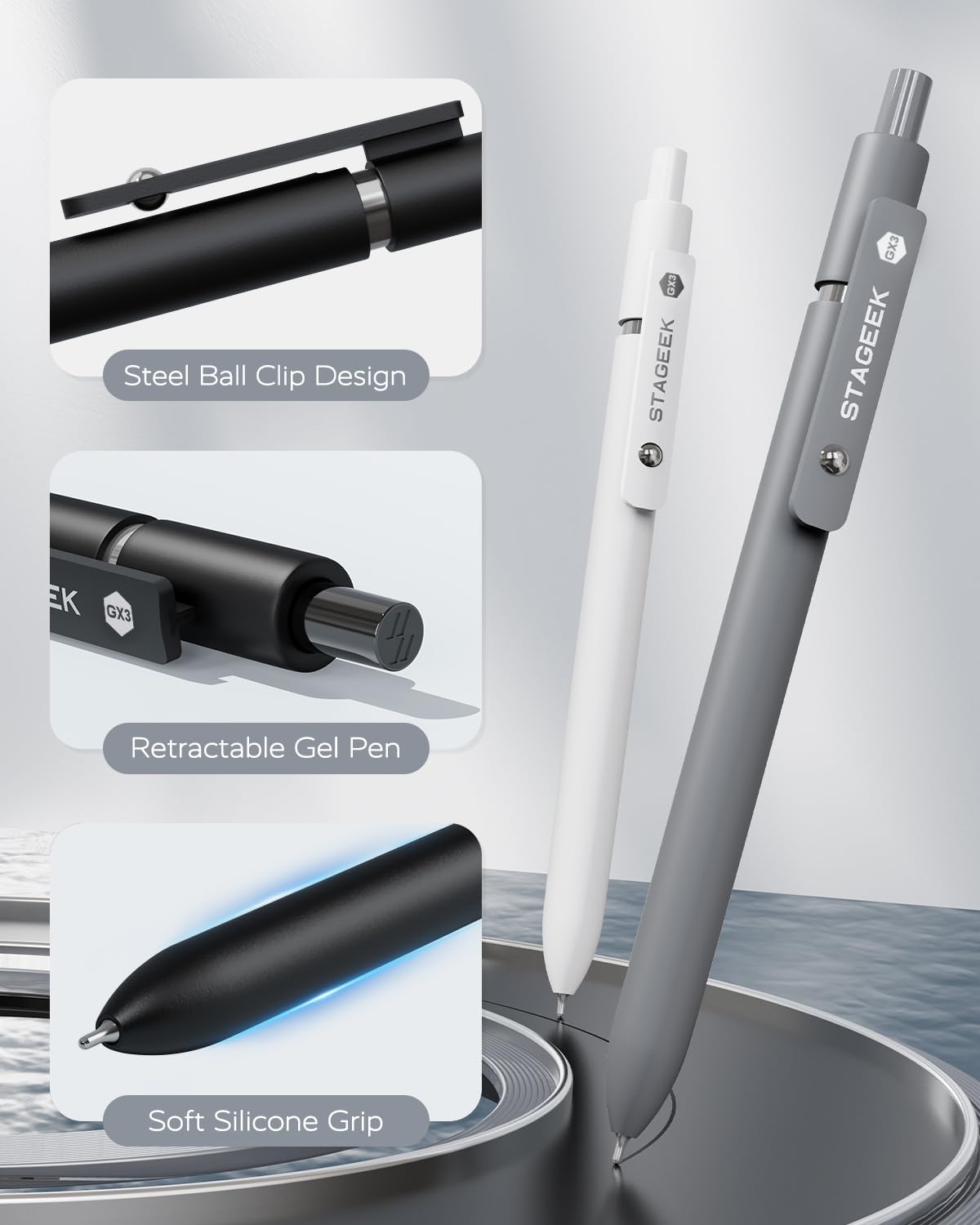 STAGEEK Black Gel Pens GX3, 6 Pcs Fine Point Smooth Writing Pens with 3 Extra Refills, Quick Dry Black Ink Pens for Journaling, Office, Note Taking, School Supplies, Nurse Aesthetic(Black Gray White)