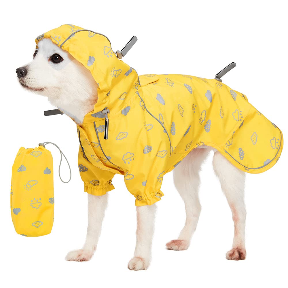 Blueberry Pet 14" Reflective Cloud Prints Lightweight Waterproof Dog Raincoat with Hood & Harness Hole, Sunflower Yellow, Outdoor Rain Gear Jacket 2 Legs for Dogs