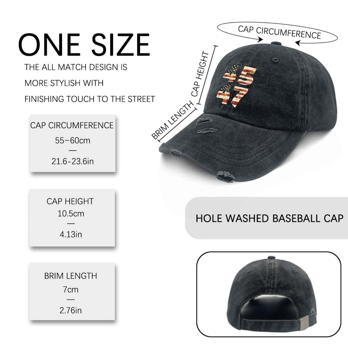 ZOOBO Trump 2024 45 47 Vintage American Flag Retro 4547 Trump 2024 Hats for Mens Washed Distressed Baseball Caps Vintage Washed Hiking hat Breathable, 13 Allblack