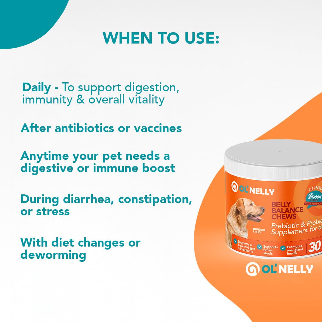 Ol'Nelly Pre & Probiotics for Dogs- 30 Soft Chews (Bacon) - Daily Dog Probiotics for Digestive & Gut Health - Diarrhea, Gas & Constipation Relief -All Ages and Breeds - Probioticos Perros Chewable