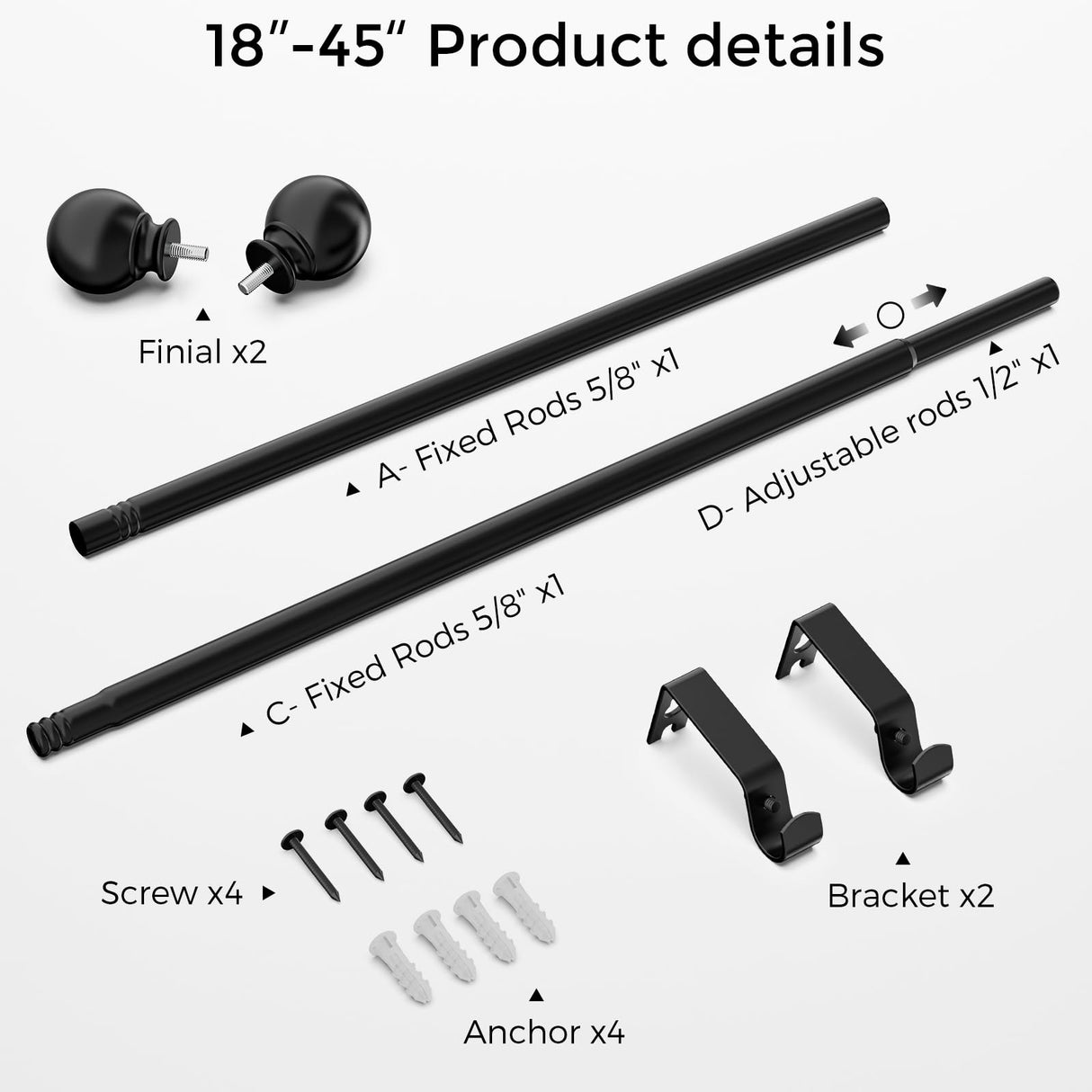 JRZOO Curtain Rod for Windows 18-45 Inch, Black 5/8 Inch Small Window Treatment Rods, Short Adjustable Splicing Drapery pole, Matte Black