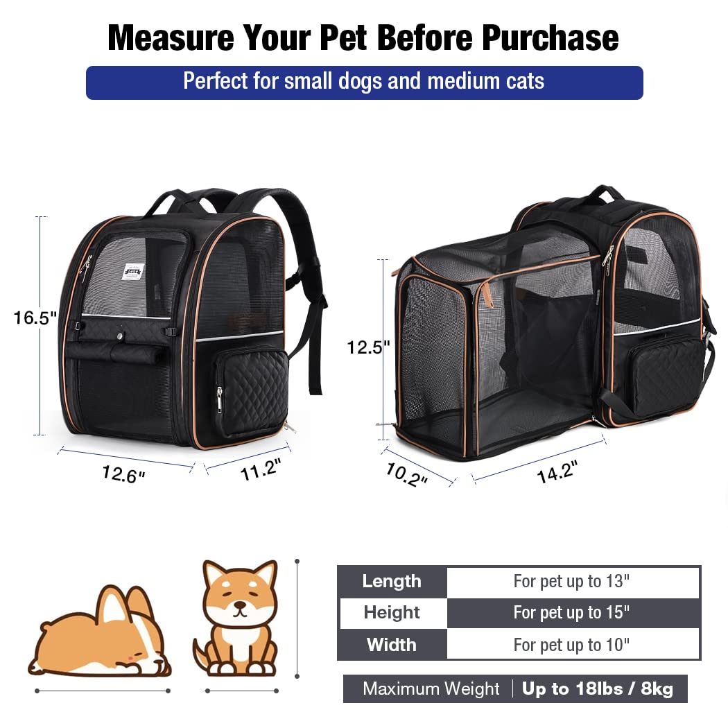 Lekebobor Large Cat Backpack Carrier Expandable Pet Carrier Backpack for Small Dogs Medium Cats Fit Up to 18 Lbs, Dog Backpack Carrier, Foldable Puppy Backpack Carrier for Travel, Black