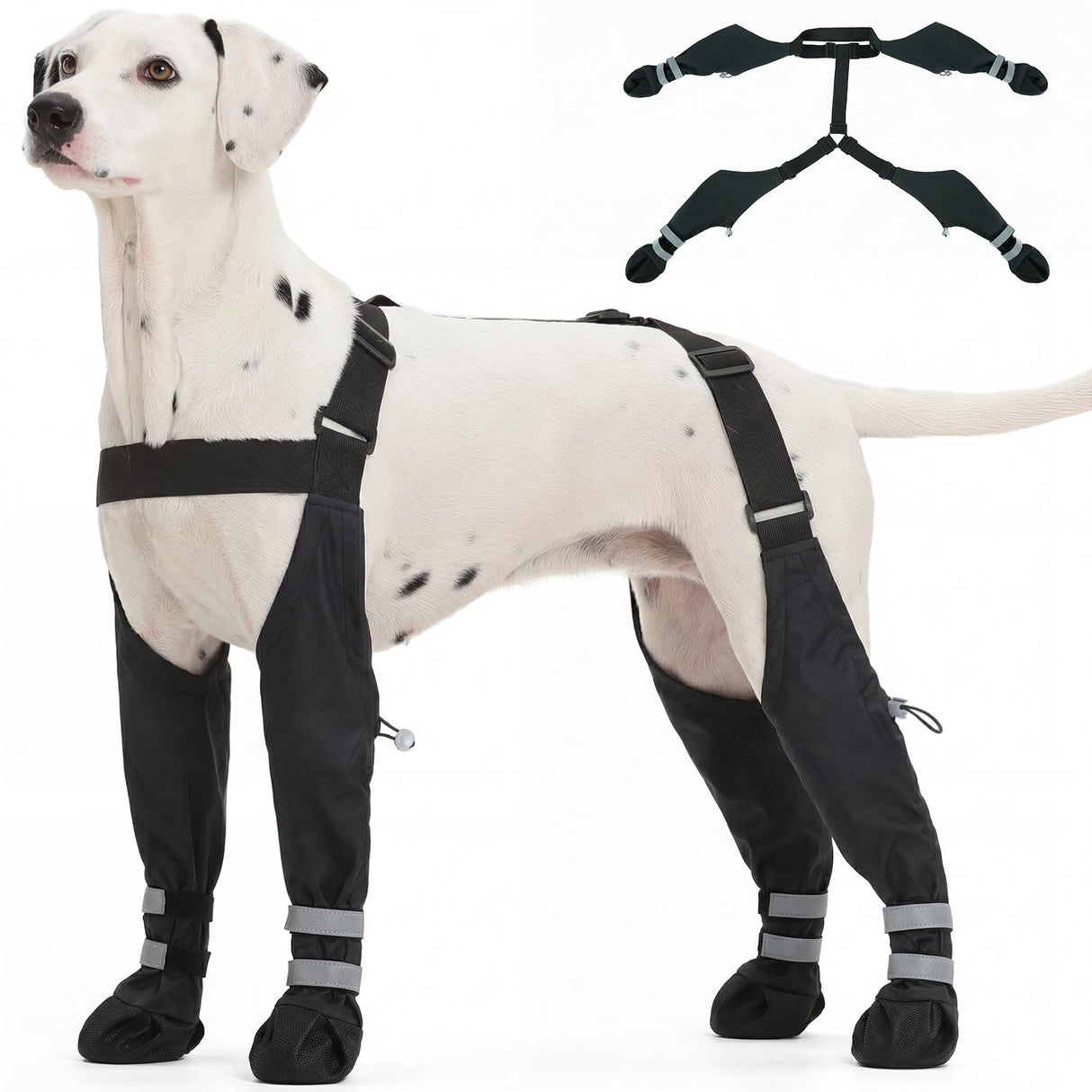 Pezluxe Dog Suspender Boots, Waterproof Anti-Slip Dog Rain Boots with Adjustable Strap for Small Medium Large Dogs, Reflective Paw Protector Pet Shoes for Outdoor Walking, Rain Snow Hiking, Black, L