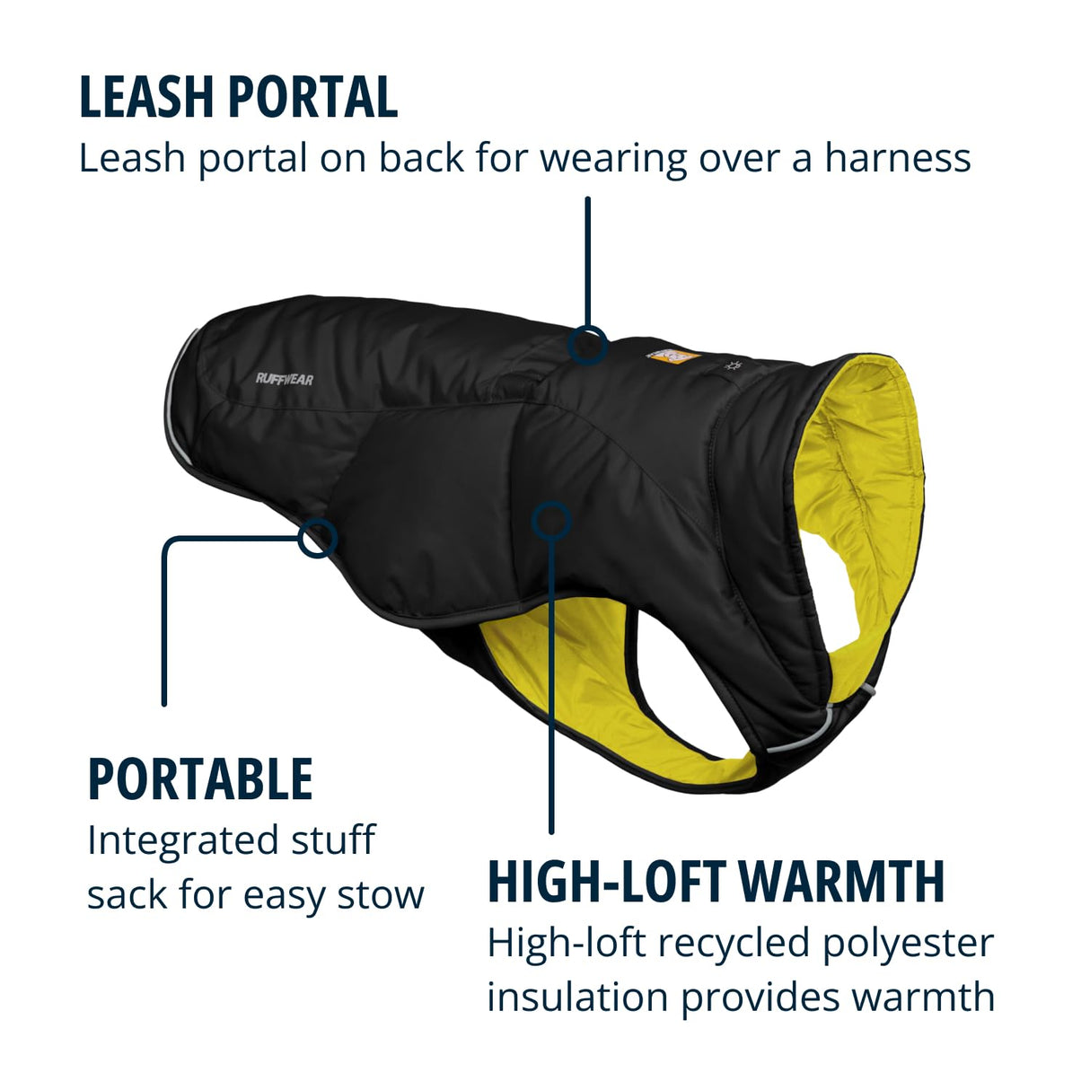 Ruffwear, Quinzee Dog Winter Jacket, Insulated Packable Puffer Vest with Leash Portal, Reflective Trim & Weather‑Resistant Shell, Adjustable Fit Coat, Harness Compatible, Obsidian Black, Small