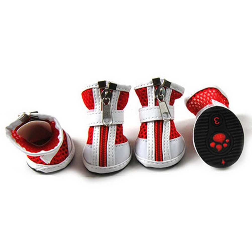 ZUNEA Small Dog Shoes for Hot Pavement Summer Breathable Mesh Boots Adjustable Non Slip Zipper Pet Dogs Booties White PU Paw Protector Red 3#