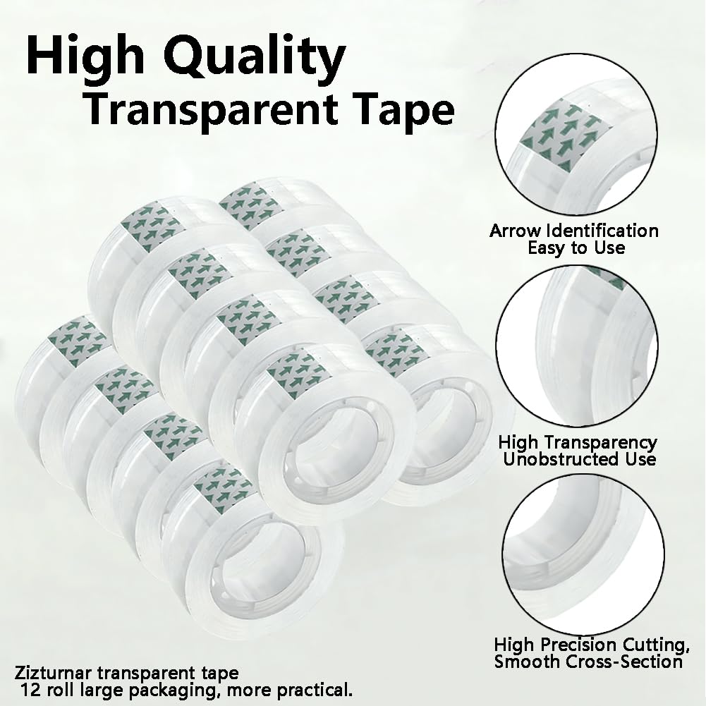 Zizlurnar 12 Rolls Transparent Tape Refills Rolls, Clear Tape, 1 in Core, 3/4 x 1000 in, Gift Packaging Tape Refill Roll for Office, Home, School