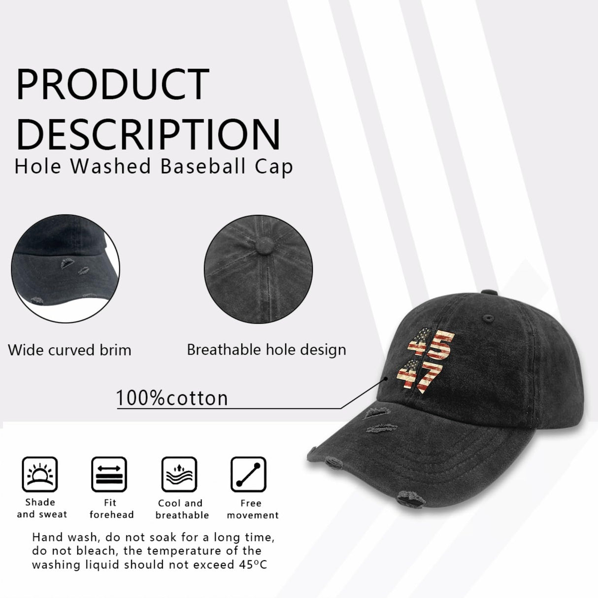 ZOOBO Trump 2024 45 47 Vintage American Flag Retro 4547 Trump 2024 Hats for Mens Washed Distressed Baseball Caps Vintage Washed Hiking hat Breathable, 13 Allblack