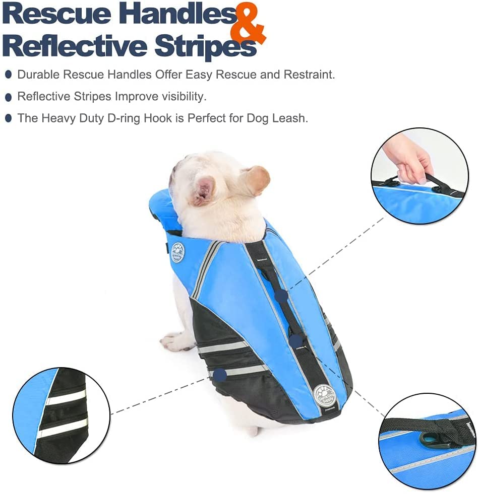 Petglad French Bulldog Life Jacket, Life Vest with Chin Float Rescue Handle for Corgi Pug, Adjustable High Visibility Flotation Swim Vest for Swimming Boating (Blue)