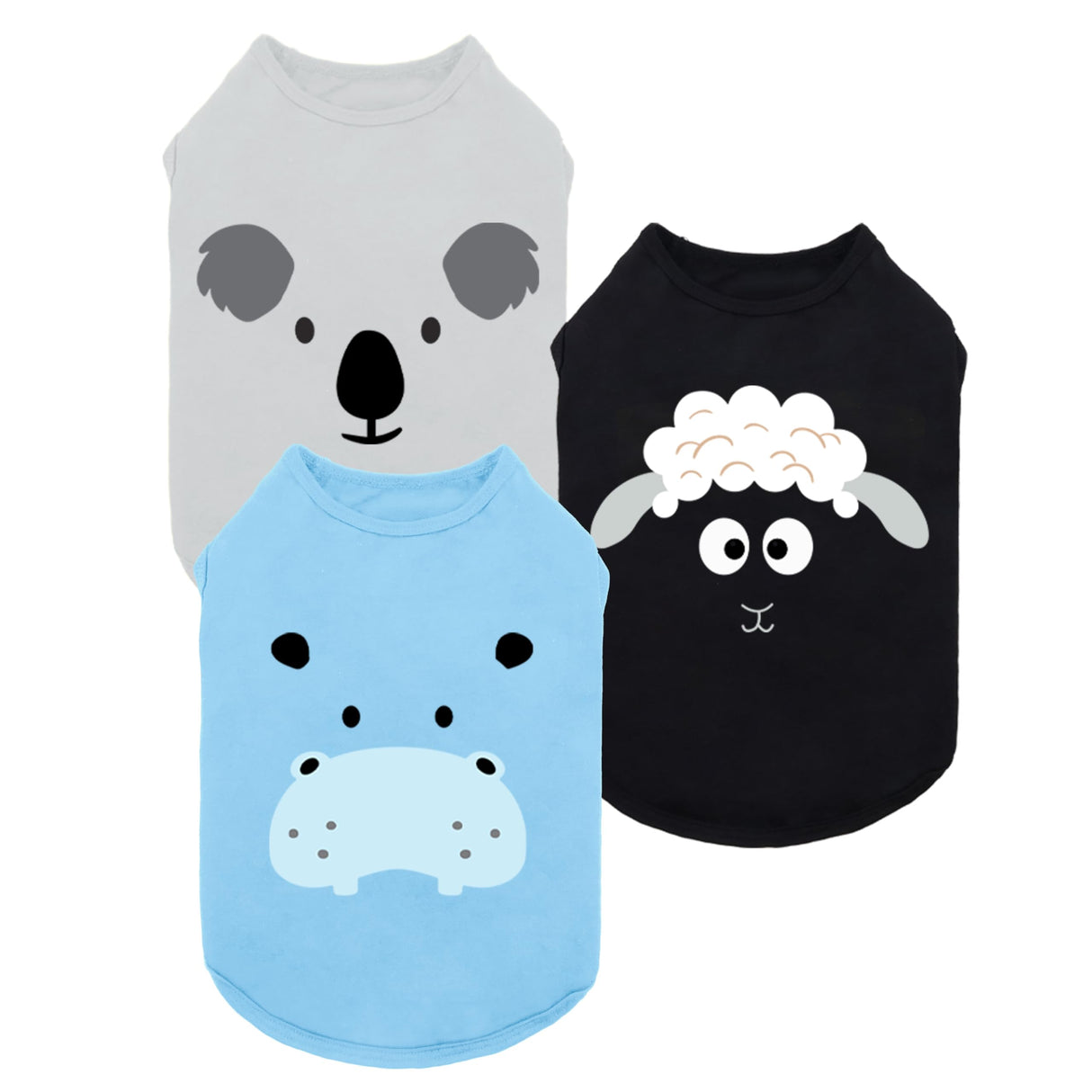 Fitwarm 3 Pack Hippo Sheep Koala Dog Shirt, Summer Clothes for Small Dogs Boy Girls, Funny Pet Outfit, Black, White, Gray, Blue, XS