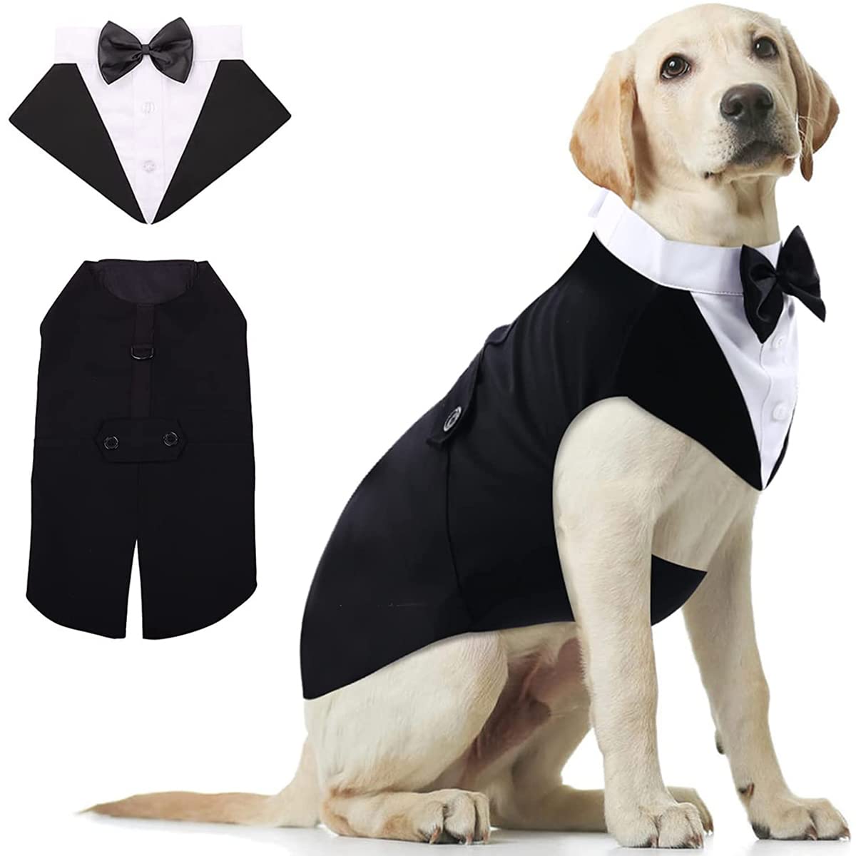 Tuxedo & Bandana Set, 2 Pack Pet Costume: Puppy Formal Party Suit - Dog Clothes for Small, Medium & Large Dogs - Prince Bow Tie Shirt - Wedding Attire for Golden Retriever & Samoyed (S)