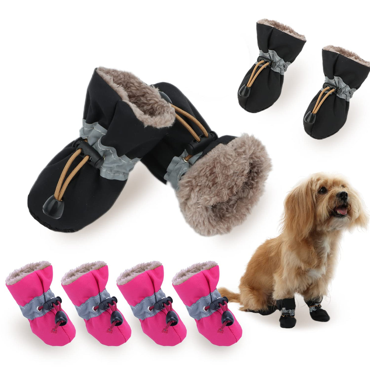LUZGAT Dog Boots Paw Protectors,Small Dog Winter Boots Shoes,with Anti-Slip Sole and Plush for Warm Snow Outdoor Walking,Pack of 8(Black+Pink,Size 7)
