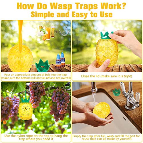 Wasp Traps Outdoor Hanging, Bee Traps Repellent Yellow Jacket Catchers Killer for Outside, Hornet Deterrent Wasp Trap Non-Toxic Reusable Hanging Traps Pineapple Shape (2 Pack, Yellow)