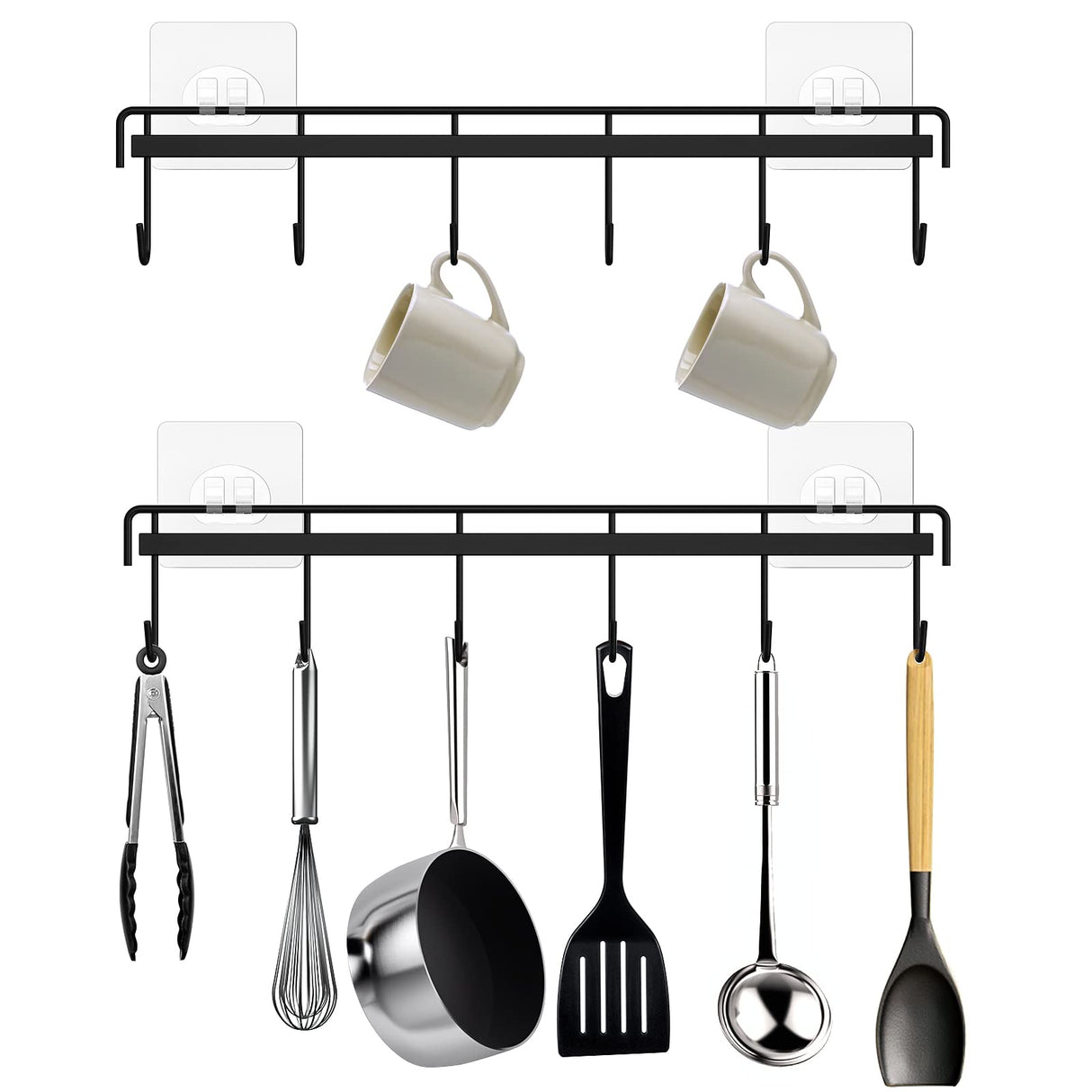 Kitchen Utensil Hanger, Adhesive Utensil Holder Wall Mount Kitchen Rack Rail with 12 Hooks, Space Saving and No Drilling, Black, 2 Pcs