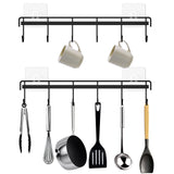 Kitchen Utensil Hanger, Adhesive Utensil Holder Wall Mount Kitchen Rack Rail with 12 Hooks, Space Saving and No Drilling, Black, 2 Pcs