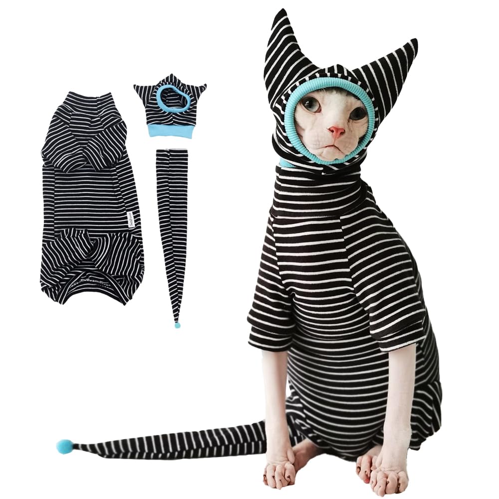 SNIXfever Sphynx Cat Clothes Black Stripe Breathable Shirts Suit, Pet Hat and Shirt Set (X-Large)