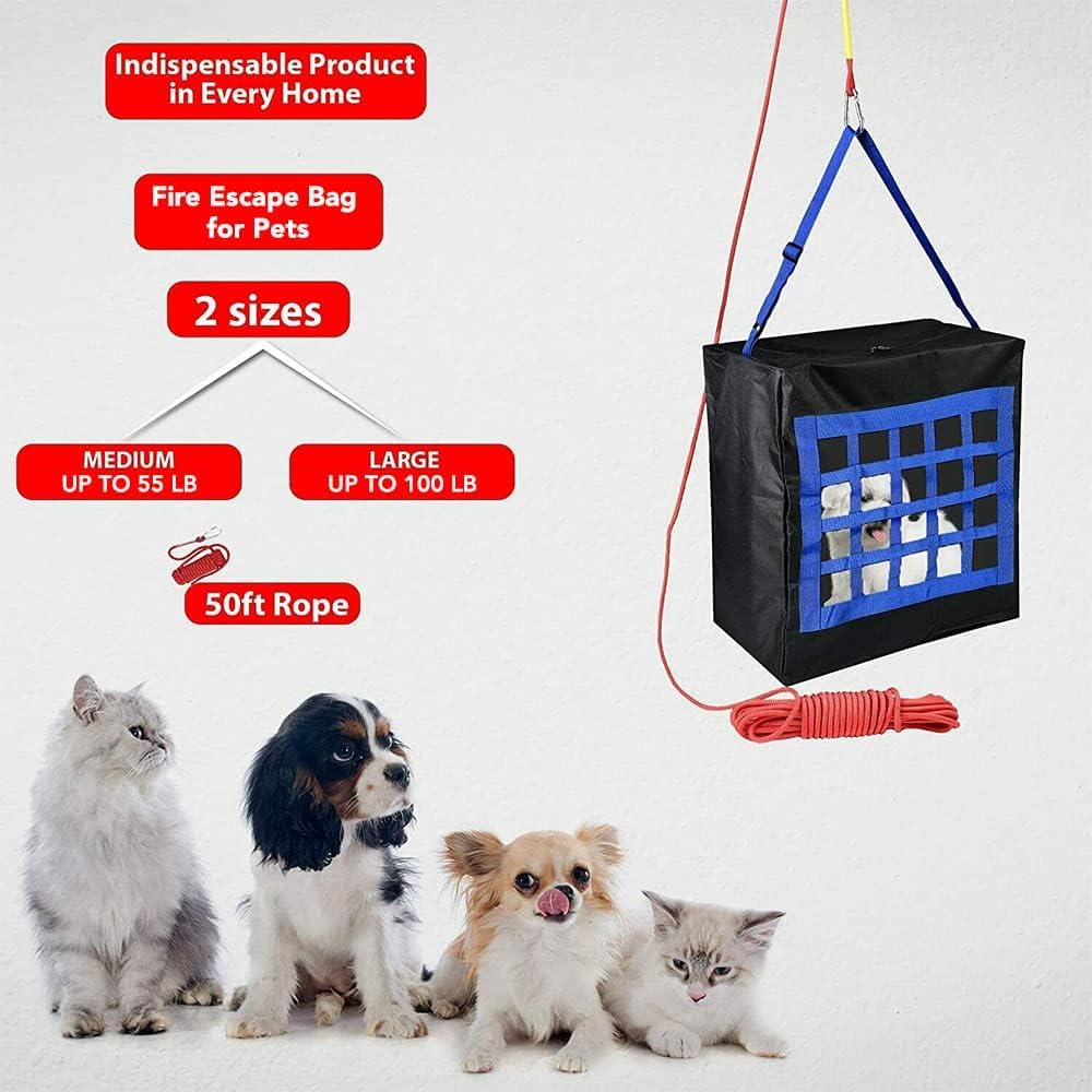 Pet Fire Rescue Bag Large up to 90 pounds - Pet Evacuation Kit - Emergency Pet Carrier - Fire Survival Tool for Dogs, Cats - Large Dog Backpack - 50ft Rope Included - Life-Saving & Compact