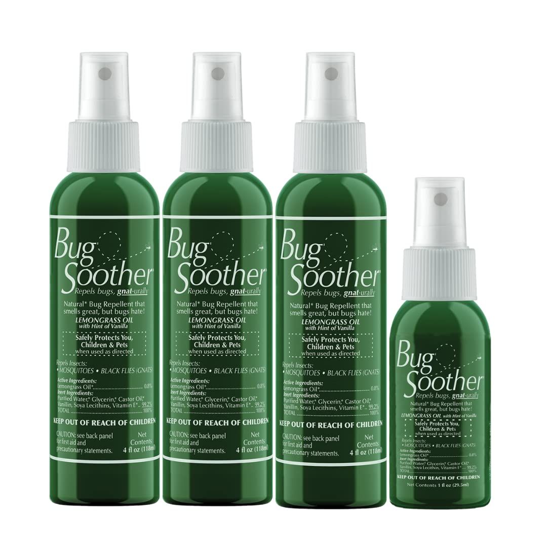 Bug Soother Spray (3, 4oz) - Natural Mosquito, Gnat & Insect Deterrent & Repellent with Essential Oils - 100% DEET-Free Safe for Adults, Babies, Pets, & Environment - Made in USA - Includes 1 oz