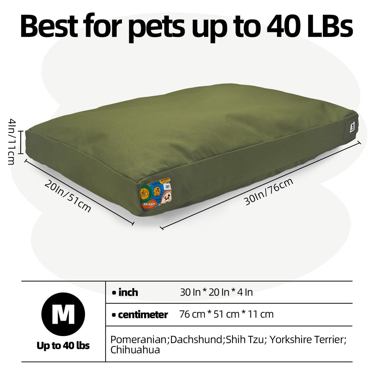 Sytopia 30 Inch Canvas Outdoor Dog Bed for Medium Dogs, Waterproof Washable Removable Cover, Indoor Patio Pet Pad for Crate, Green