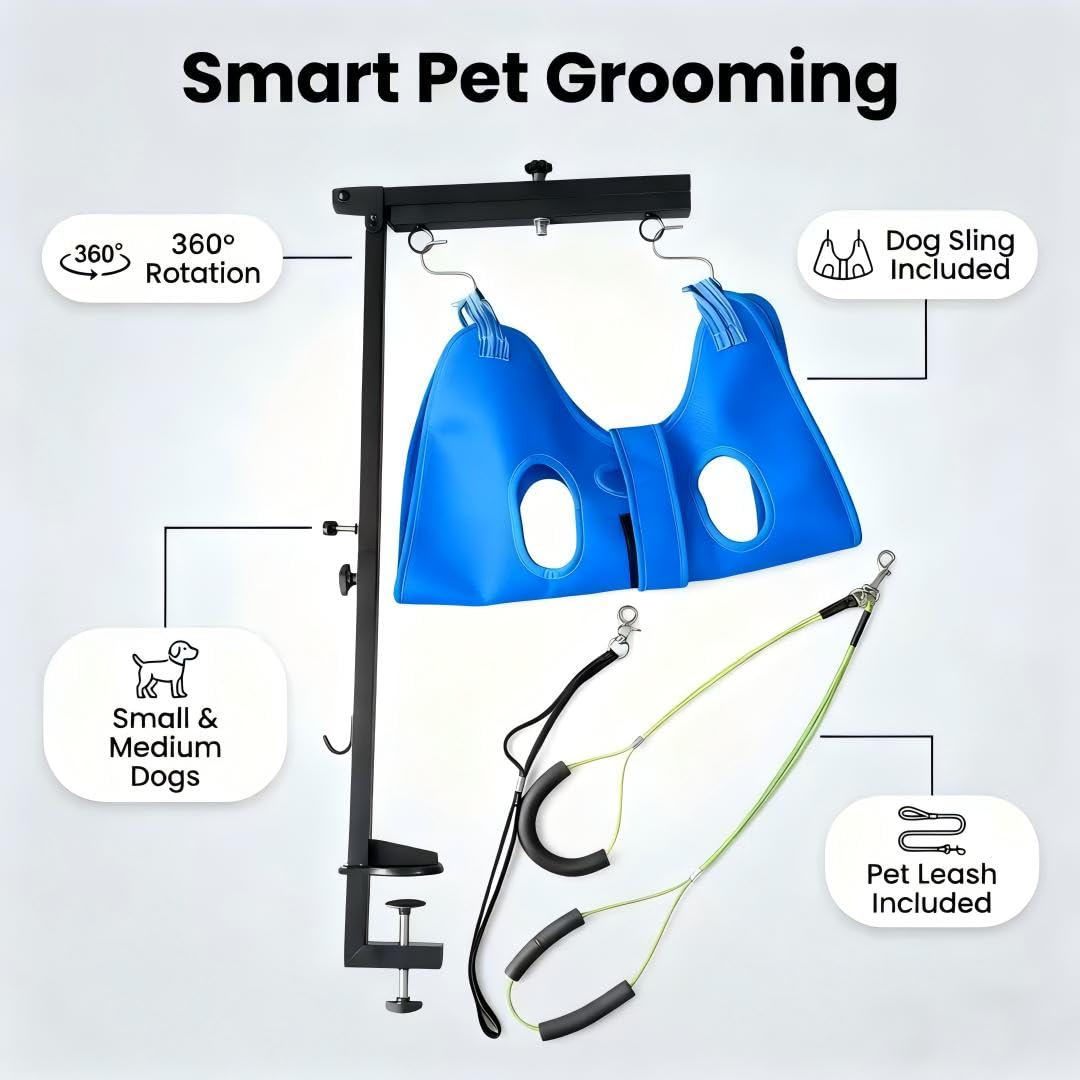 Mluyeri Dog Grooming Arm with Hammock Rotatable, Foldable Adjustable Height Dog Grooming Table Arm and Restraint Leashes for Small Medium Dogs at Home or Salons