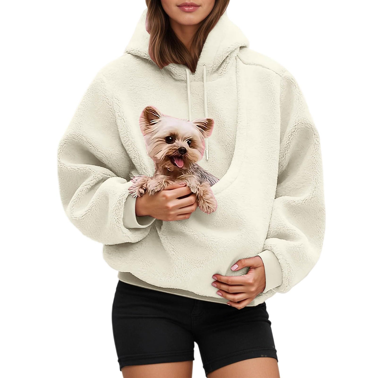 Hoodie with Pet Pouch Hooded Dog Pouch Sweatshirts Pet Carrier Pullover Animal Holder Long Sleeve Pullovers with Hood Solid Color Winter Warm Flannel Hoodies Cute Oversized Fleece Sweatshirt Beige,XL