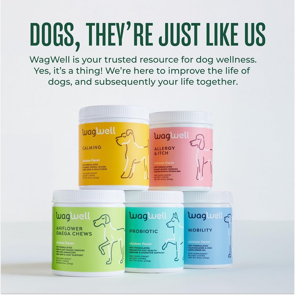 WagWell Ahiflower Omega Chews – Vet-Formulated, All Natural, Made in The USA – Skin, Coat, & Joint Chews for Dogs – Plant-Based Omega 3, 6 & 9 – Dog Fish Oil Alternative, Chicken-Flavored, 60 Chews