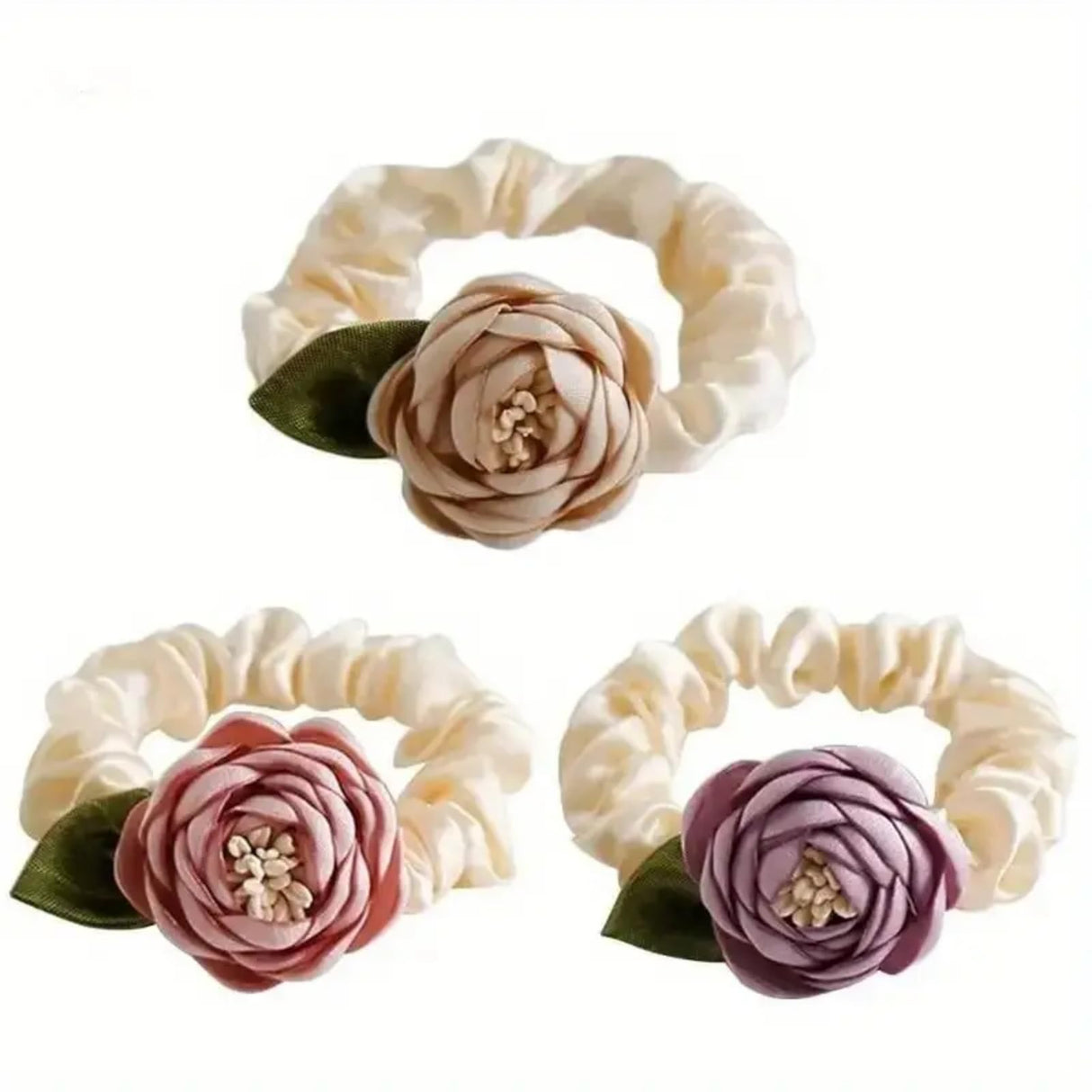 Elegant Satin Flower Hair Scrunchies Set, Handmade Camellia Hair Bands for Women, Fashion Floral Elastic Ponytail Holders