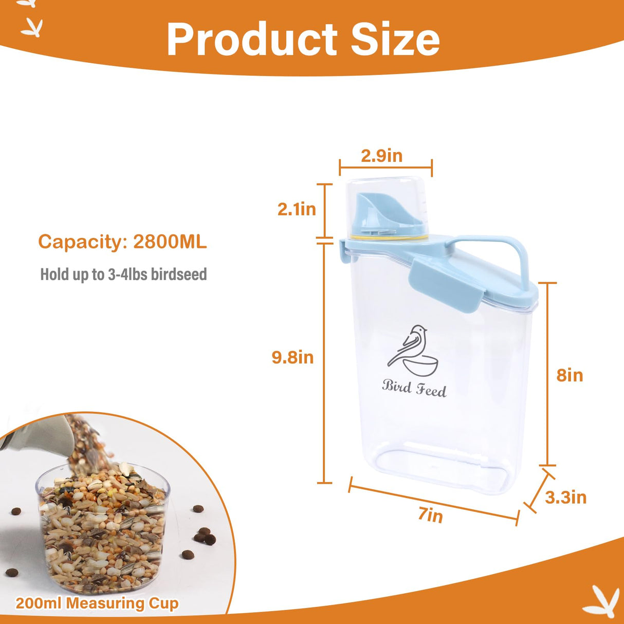Brabtod Bird Seed Storage Container Portable-3 Qt/2.8 L Clear Plastic Pet Food Container-with Measuring Cup,Airtight Wild Bird Seed Dispenser for Storing Sunflower Seed|Squirrel proof|BPA Free-Blue