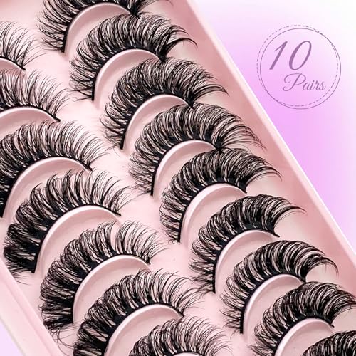 Royaomis D Curl Cat Eye lashes Wispy Russian Strip Lashes that Look Like Extensions 8D False Eyelashes Natural Look Pack 10 Pairs (RM-39)