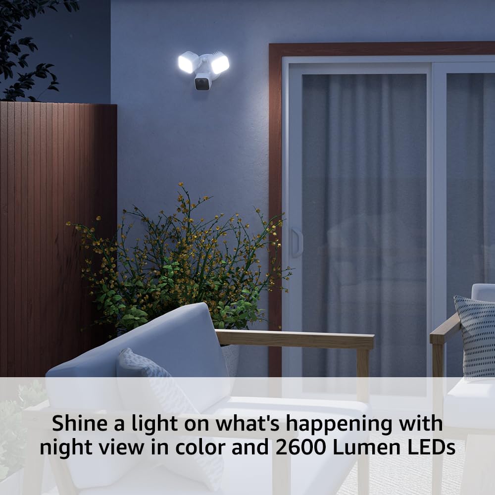 Wired Floodlight Camera, Smart security camera, 2600 lumens, HD live view, enhanced motion detection, built-in siren, Works with Alexa, 1 camera (White)