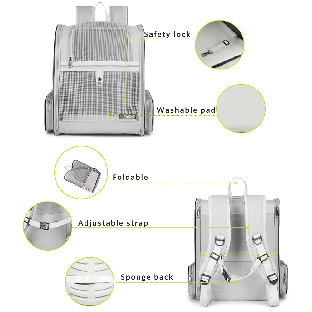 Texsens Pet Backpack Carrier for Small Cats Dogs | Ventilated Design, Safety Straps, Buckle Support, Collapsible | Designed for Travel, Hiking & Outdoor Use (Light Gray)