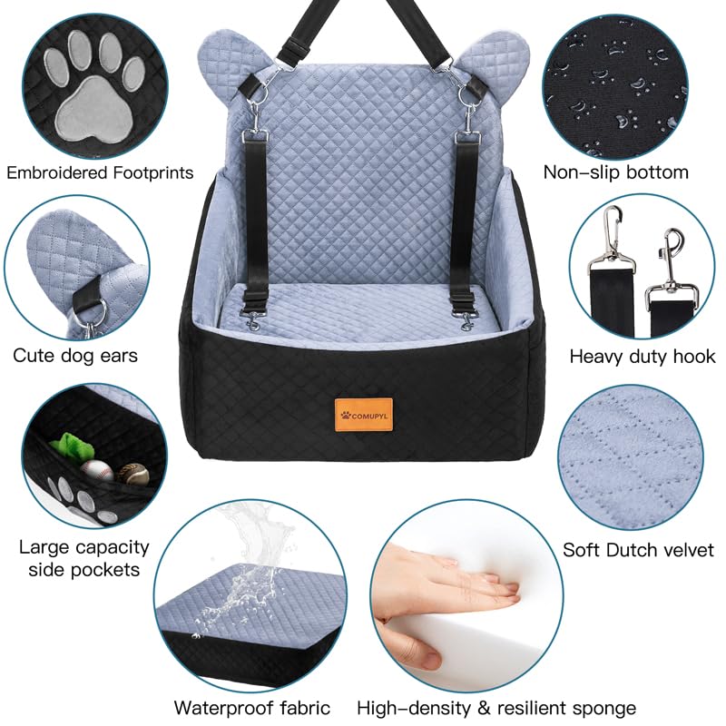 Dog car Seats for Small/Medium Dogs up to 33lbs- Washable, Waterproof, Dog Booster & car Seats with 2 Easy-Install Safety Belts, Non-Slip Base & Storage Pocket(Grey Black).